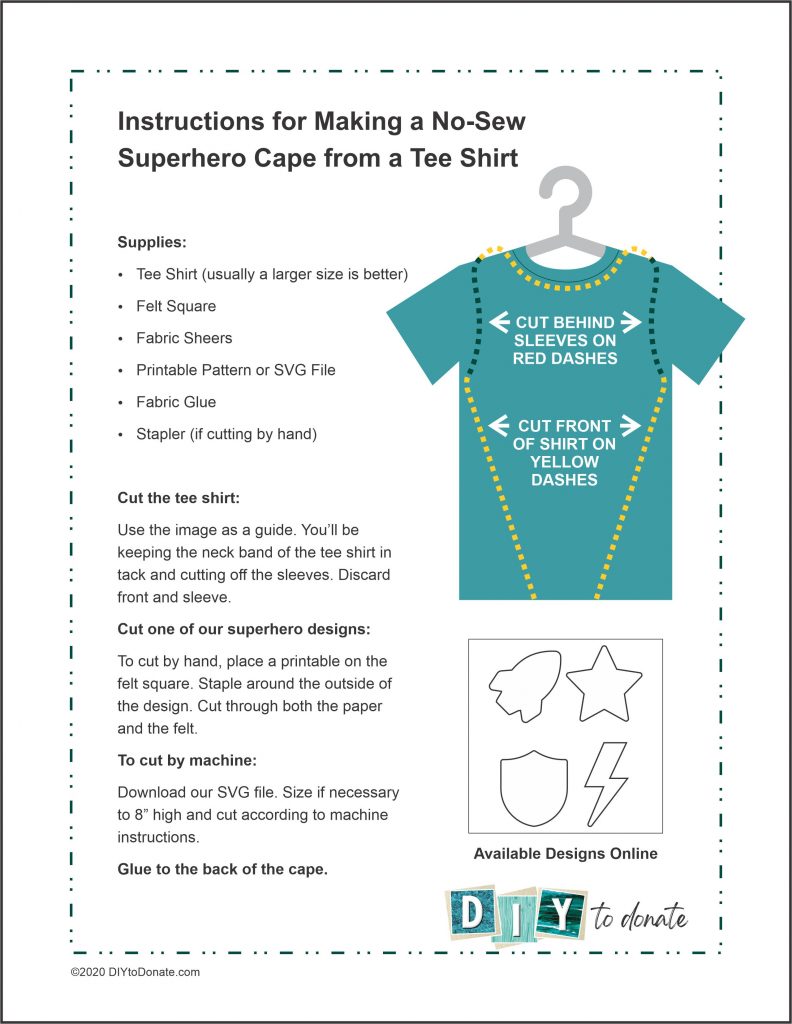 instructions for making a no-sew superhero cape from a tee shirt