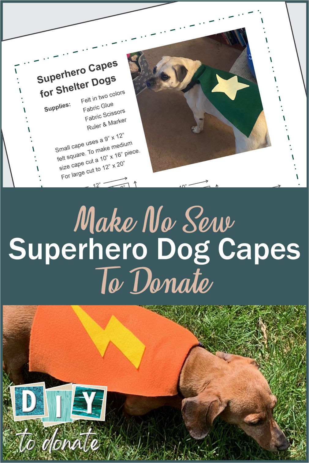 No-Sew Capes For Dogs When you make and donate no-sew capes for dogs, you're giving those dogs in shelters a little extra chance of being adopted. #diytodonate #diy #donate #dogcapes #crafts #craftstodonate #petadoptions #animalshelters