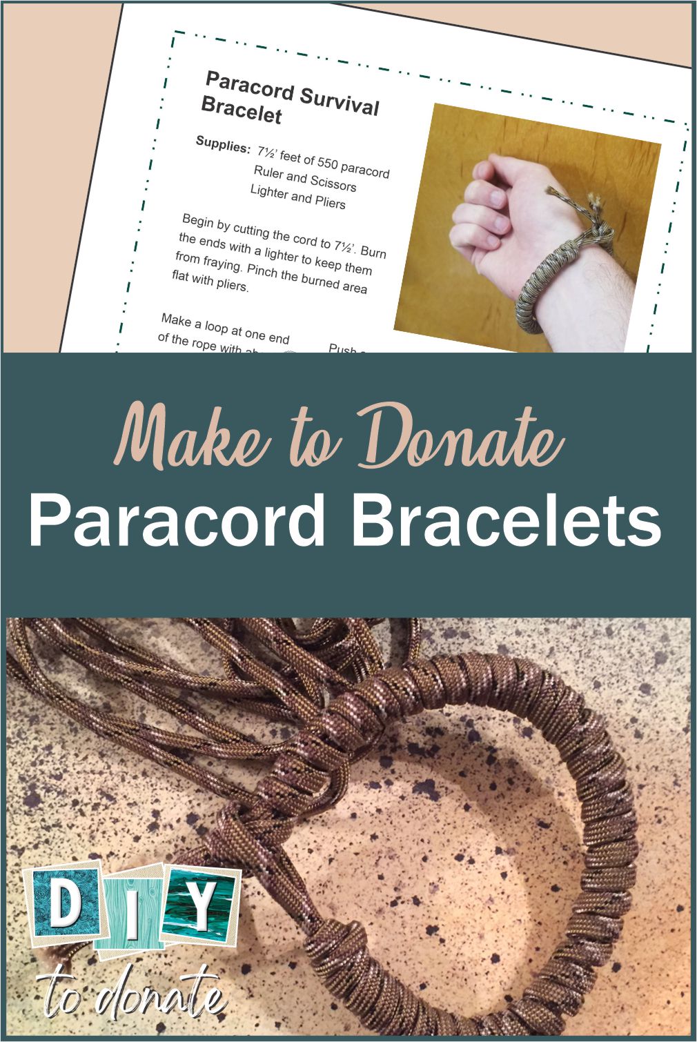 Make paracord bracelets and donate them to our troops. We have step-by-step illustrated instructions, a video and a pdf instruction sheet to make it easy. #diytodonate #diy #donate #troops #supportourtroops #crafts