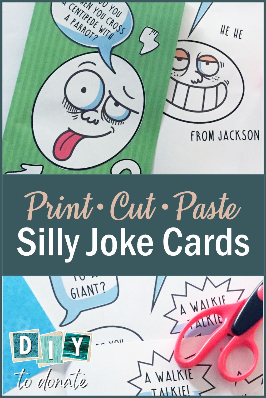 Silly Joke Cards Kids can make silly joke cards with our free printables and find out where to donate them. They will be putting a smile on another child's face. #diytodonate #jokecards #cards #makekidssmiles #jokes #freeprintables #donations #smile