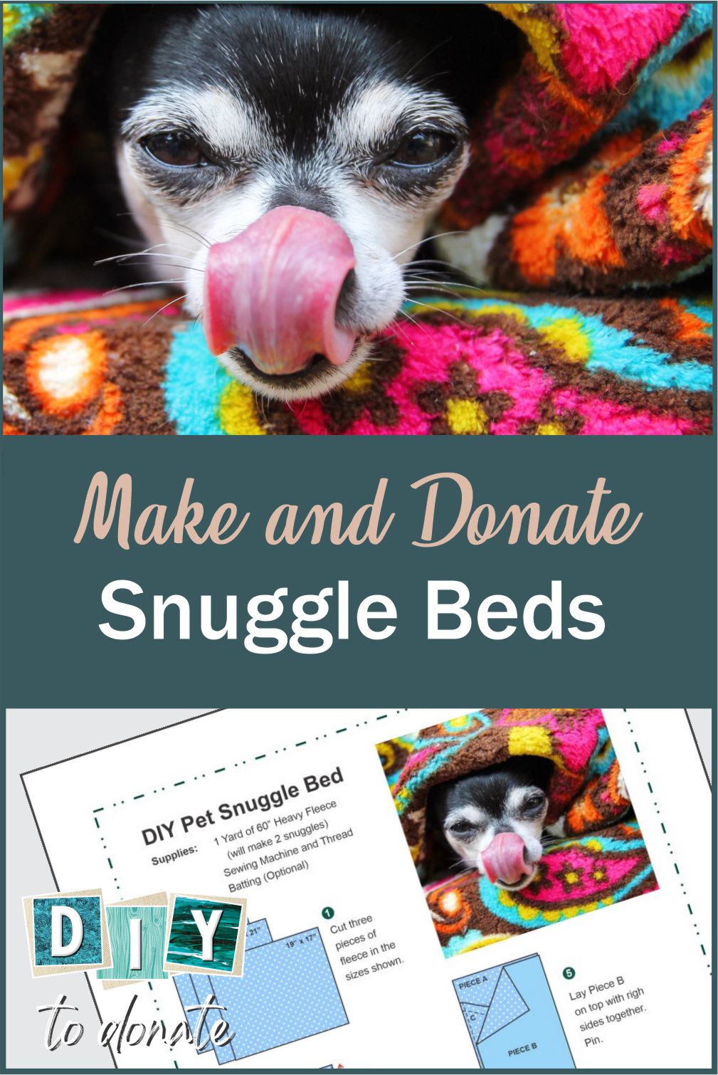 Download our PDF project sheet to learn how to make snuggle beds and where you can donate them to comfort animals in shelters. #diytodonate #animalshelters #comfortbeds #animalbeds #diy #giveback #helpers #communityservice #community