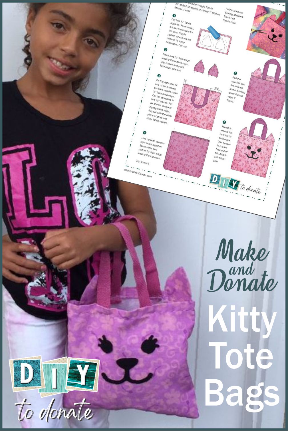 So cute and sew easy, this DIY cat face tote is something beginner sewers can make. We have free PDF pattern and SVG file. #diytodonate #diy #communityservice #donate #donation #giveback #freepdf #freesvg #community #communityhelpers